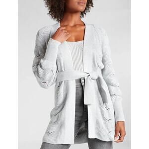 Express Gray Pointelle Belted Cardigan Sweater Small Cotton Blend Academia